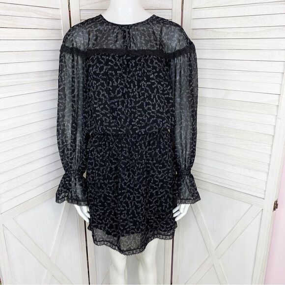 Ella Moon Sera Sheer Floral Cinch Waist Dress Ruffle Sleeve Black White Large - Picture 1 of 14